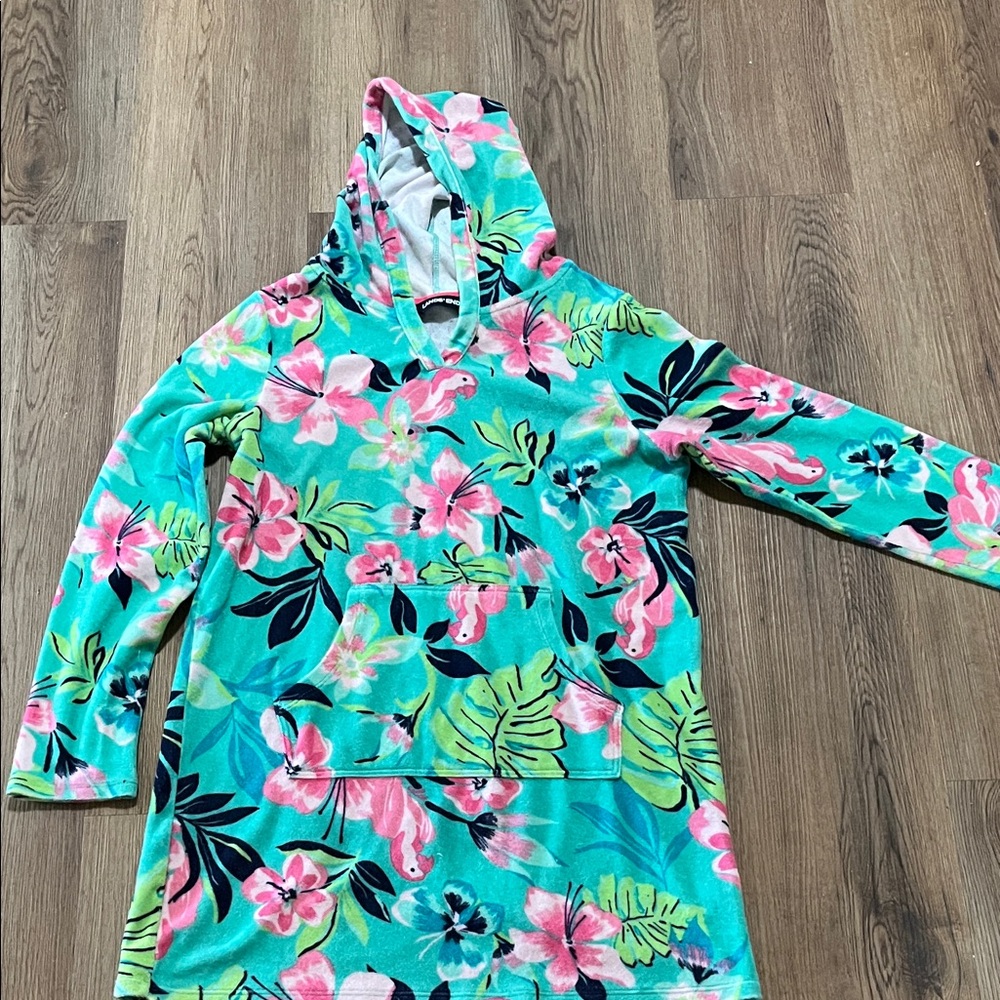 Lands End girls Hooded Swim Cover-Up in Aqua Floral XL(16)